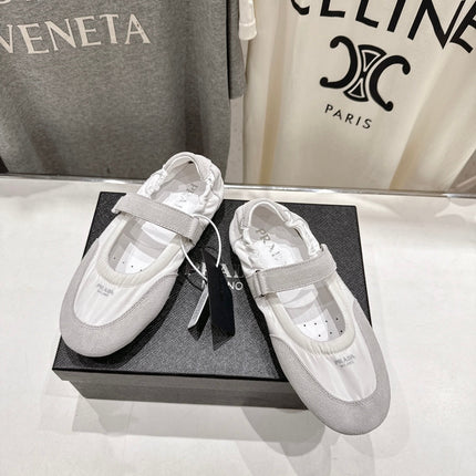 PRADA 25S COLLAPSE RE NYLON AND SUEDE BALLERINAS IN LIGHT GRAY AND CREAM