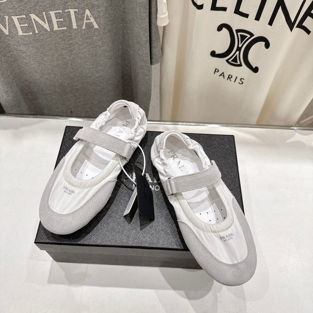PRADA 25S COLLAPSE RE NYLON AND SUEDE BALLERINAS IN LIGHT GRAY AND CREAM