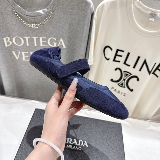 PRADA 25S COLLAPSE RE NYLON AND SUEDE BALLERINAS IN DARK BLUE