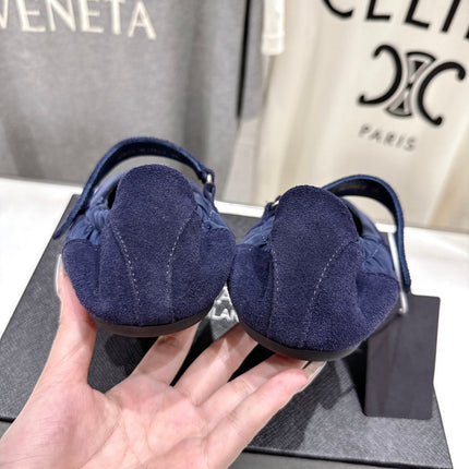 PRADA 25S COLLAPSE RE NYLON AND SUEDE BALLERINAS IN DARK BLUE