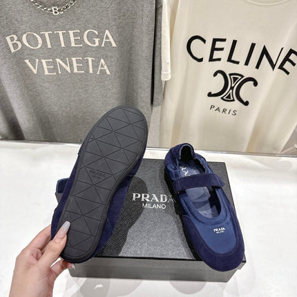 PRADA 25S COLLAPSE RE NYLON AND SUEDE BALLERINAS IN DARK BLUE