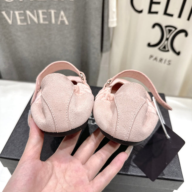 PRADA 25S COLLAPSE RE NYLON AND SUEDE BALLERINAS IN BABY PINK