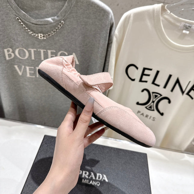 PRADA 25S COLLAPSE RE NYLON AND SUEDE BALLERINAS IN BABY PINK