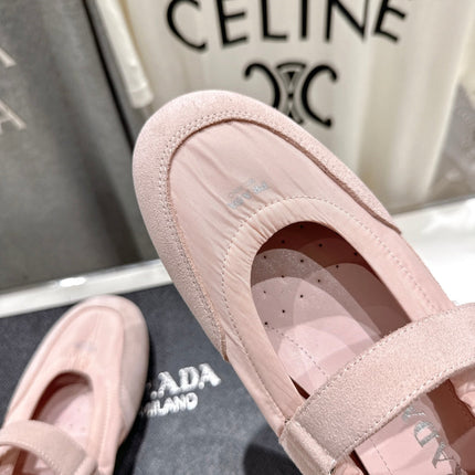 PRADA 25S COLLAPSE RE NYLON AND SUEDE BALLERINAS IN BABY PINK