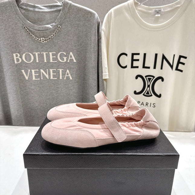 PRADA 25S COLLAPSE RE NYLON AND SUEDE BALLERINAS IN BABY PINK