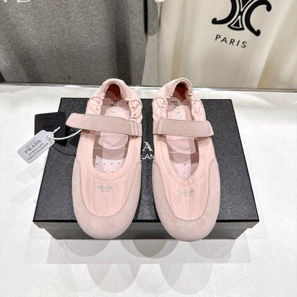 PRADA 25S COLLAPSE RE NYLON AND SUEDE BALLERINAS IN BABY PINK