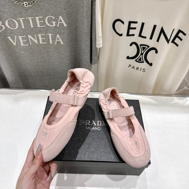 PRADA 25S COLLAPSE RE NYLON AND SUEDE BALLERINAS IN BABY PINK