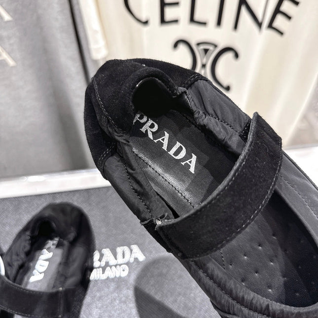 PRADA 25S COLLAPSE RE NYLON AND SUEDE BALLERINAS IN BLACK