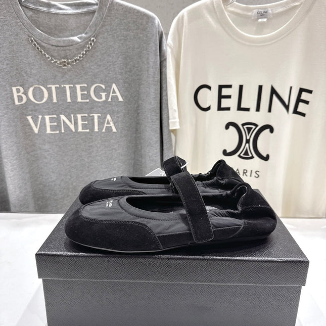 PRADA 25S COLLAPSE RE NYLON AND SUEDE BALLERINAS IN BLACK