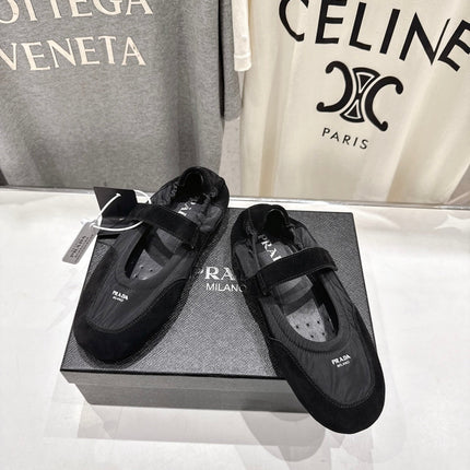 PRADA 25S COLLAPSE RE NYLON AND SUEDE BALLERINAS IN BLACK