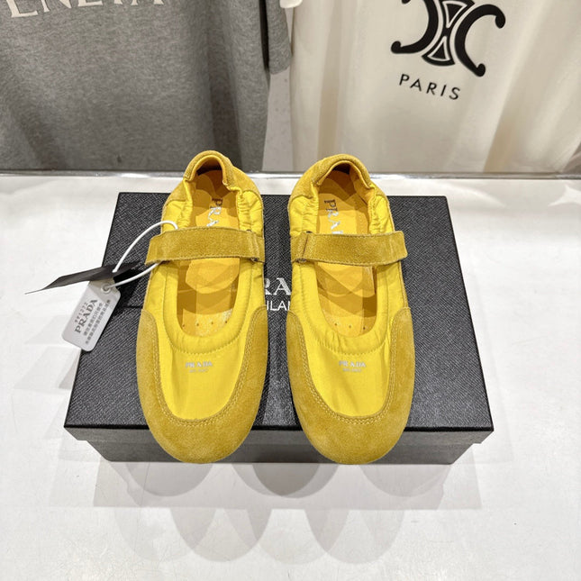 PRADA 25S COLLAPSE RE NYLON AND SUEDE BALLERINAS IN LEMON YELLOW