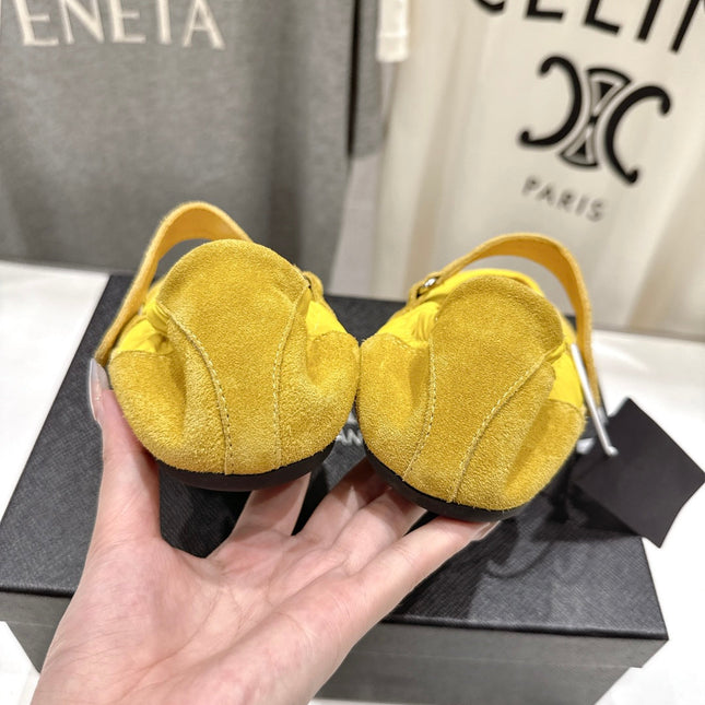 PRADA 25S COLLAPSE RE NYLON AND SUEDE BALLERINAS IN LEMON YELLOW