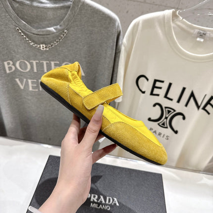 PRADA 25S COLLAPSE RE NYLON AND SUEDE BALLERINAS IN LEMON YELLOW