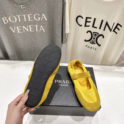 PRADA 25S COLLAPSE RE NYLON AND SUEDE BALLERINAS IN LEMON YELLOW