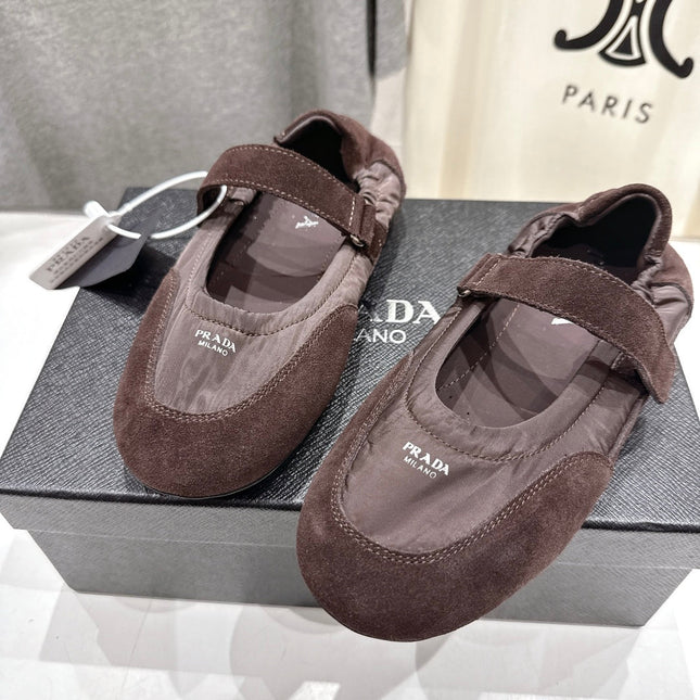 PRADA 25S COLLAPSE RE NYLON AND SUEDE BALLERINAS IN COFFEE