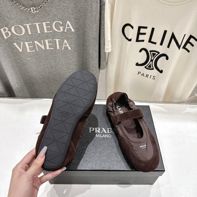 PRADA 25S COLLAPSE RE NYLON AND SUEDE BALLERINAS IN COFFEE