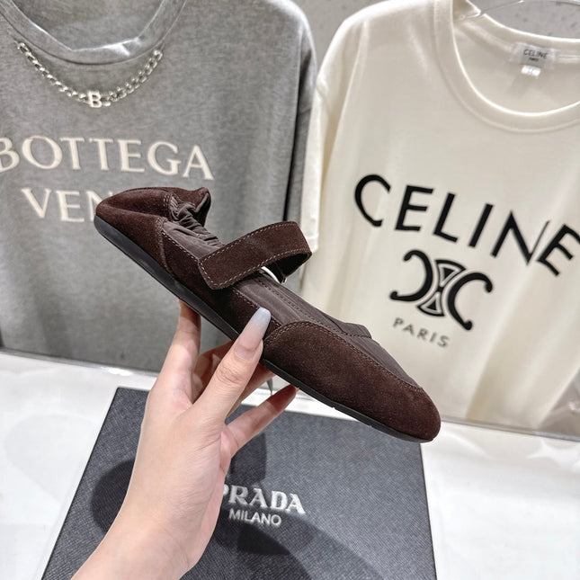 PRADA 25S COLLAPSE RE NYLON AND SUEDE BALLERINAS IN COFFEE