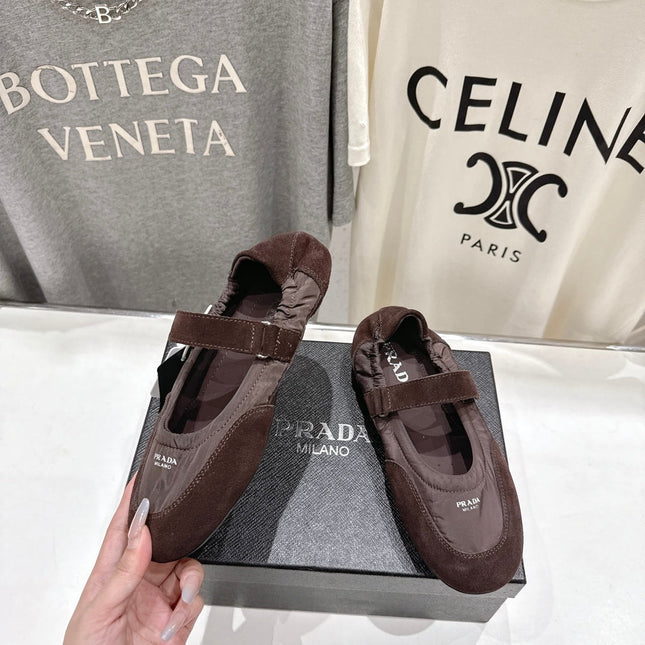 PRADA 25S COLLAPSE RE NYLON AND SUEDE BALLERINAS IN COFFEE