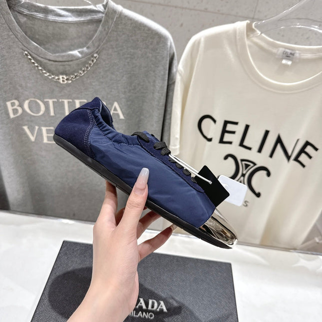 PRADA 25S COLLAPSE RE NYLON AND SUEDE SNEAKERS IN DARK BLUE WITH METAL TOECAP