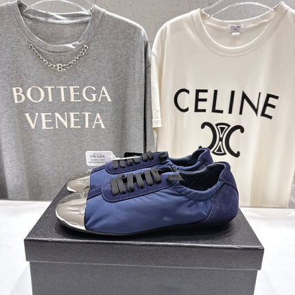 PRADA 25S COLLAPSE RE NYLON AND SUEDE SNEAKERS IN DARK BLUE WITH METAL TOECAP