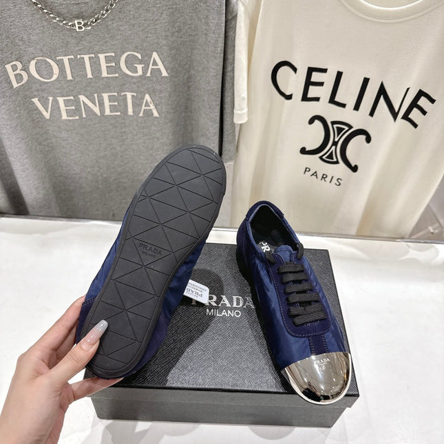 PRADA 25S COLLAPSE RE NYLON AND SUEDE SNEAKERS IN DARK BLUE WITH METAL TOECAP