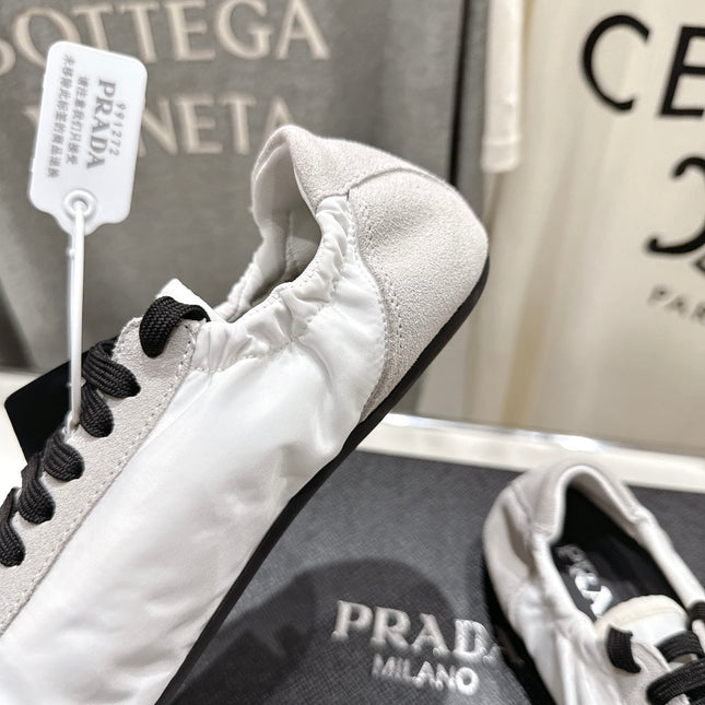 PRADA 25S COLLAPSE RE NYLON AND SUEDE SNEAKERS IN WHITE WITH METAL TOECAP