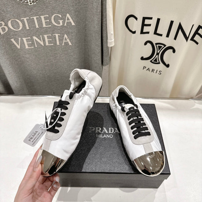 PRADA 25S COLLAPSE RE NYLON AND SUEDE SNEAKERS IN WHITE WITH METAL TOECAP