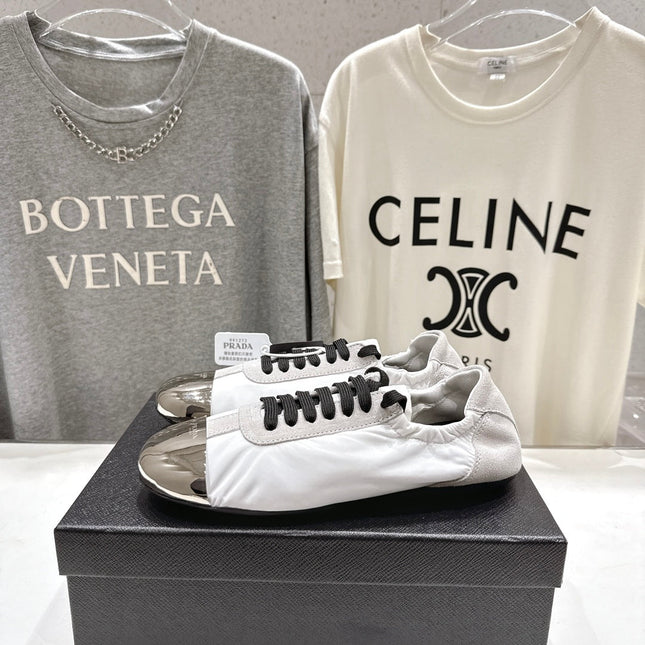 PRADA 25S COLLAPSE RE NYLON AND SUEDE SNEAKERS IN WHITE WITH METAL TOECAP