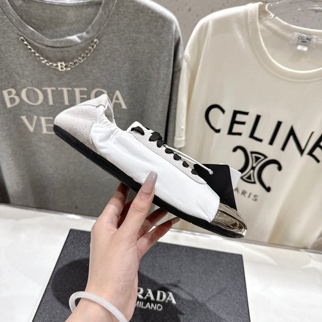 PRADA 25S COLLAPSE RE NYLON AND SUEDE SNEAKERS IN WHITE WITH METAL TOECAP