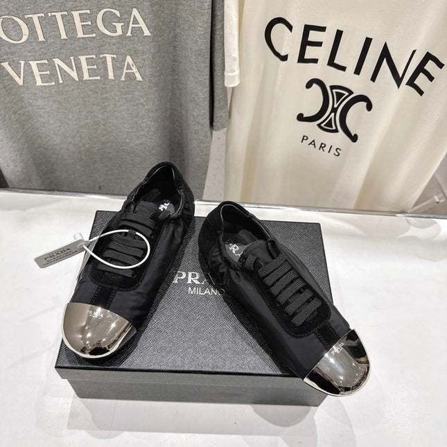 PRADA 25S COLLAPSE RE NYLON AND SUEDE SNEAKERS IN BLACK WITH METAL TOECAP