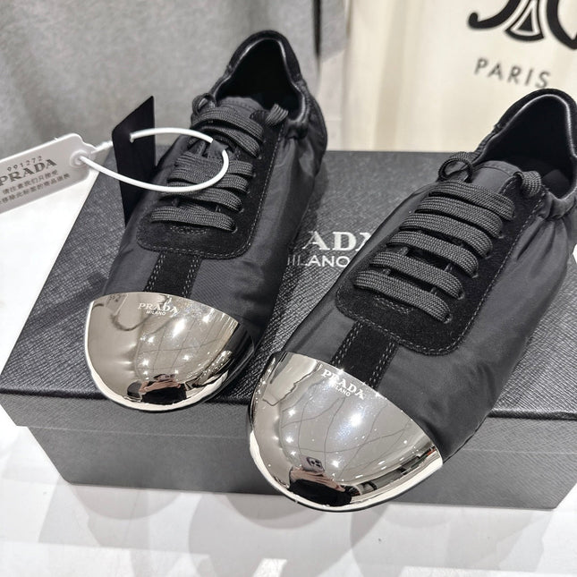 PRADA 25S COLLAPSE RE NYLON AND SUEDE SNEAKERS IN BLACK WITH METAL TOECAP