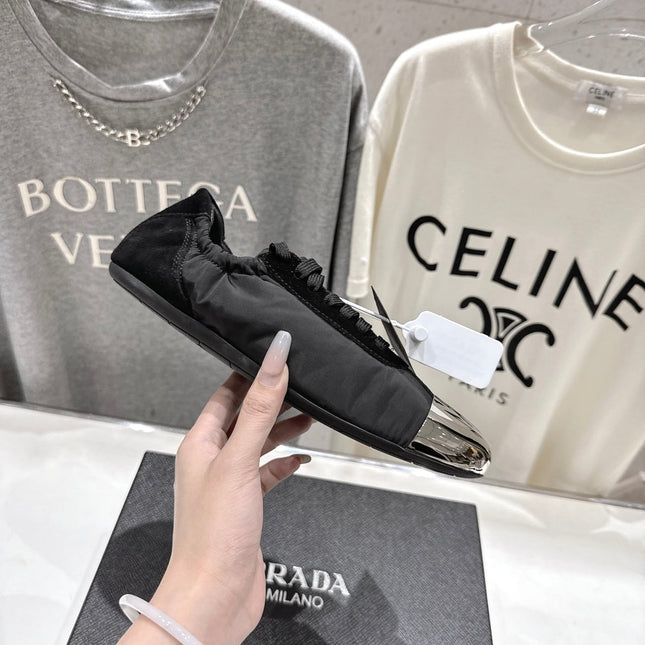 PRADA 25S COLLAPSE RE NYLON AND SUEDE SNEAKERS IN BLACK WITH METAL TOECAP