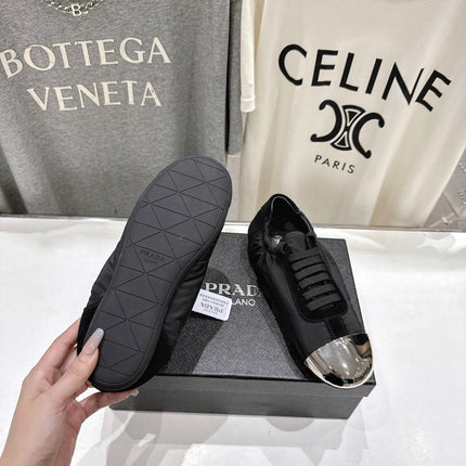 PRADA 25S COLLAPSE RE NYLON AND SUEDE SNEAKERS IN BLACK WITH METAL TOECAP