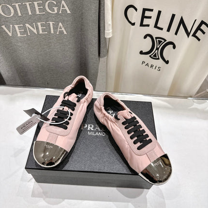 PRADA 25S COLLAPSE RE NYLON AND SUEDE SNEAKERS IN LIGHT PINK WITH METAL TOECAP