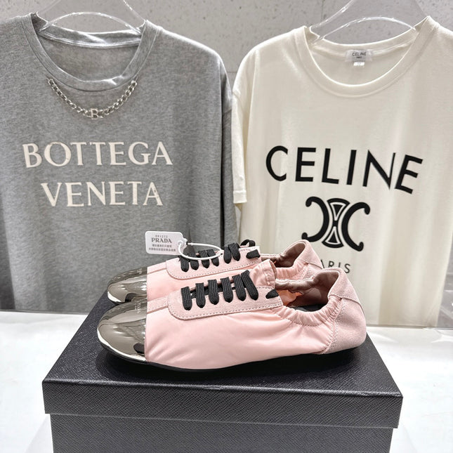 PRADA 25S COLLAPSE RE NYLON AND SUEDE SNEAKERS IN LIGHT PINK WITH METAL TOECAP