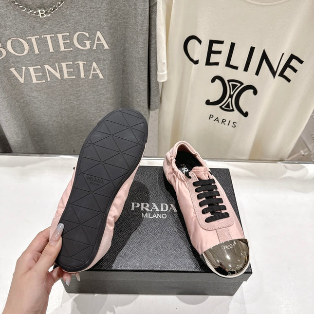 PRADA 25S COLLAPSE RE NYLON AND SUEDE SNEAKERS IN LIGHT PINK WITH METAL TOECAP