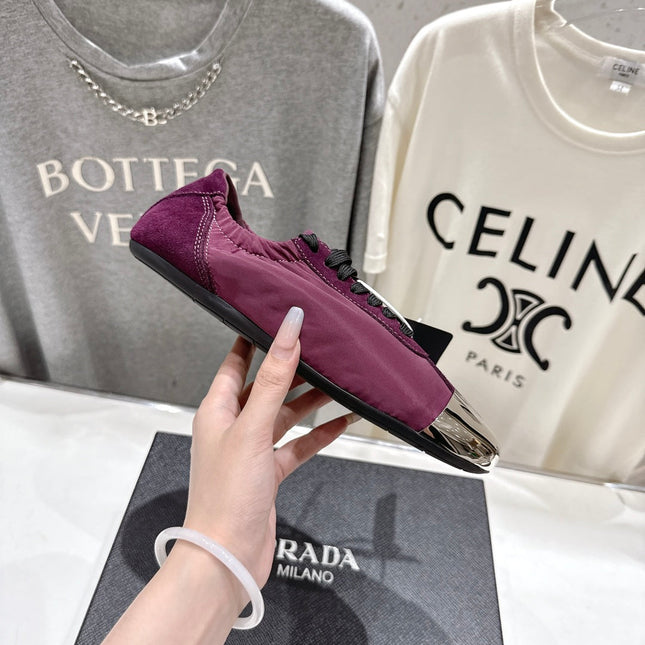 PRADA 25S COLLAPSE RE NYLON AND SUEDE SNEAKERS IN PLUM WITH METAL TOECAP