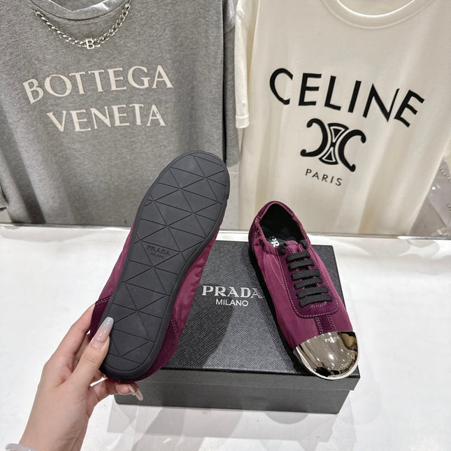 PRADA 25S COLLAPSE RE NYLON AND SUEDE SNEAKERS IN PLUM WITH METAL TOECAP