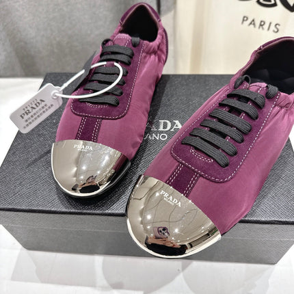 PRADA 25S COLLAPSE RE NYLON AND SUEDE SNEAKERS IN PLUM WITH METAL TOECAP