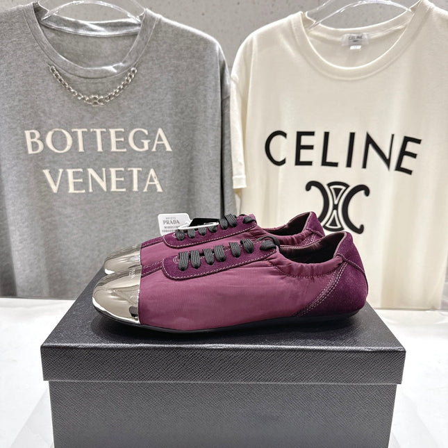 PRADA 25S COLLAPSE RE NYLON AND SUEDE SNEAKERS IN PLUM WITH METAL TOECAP