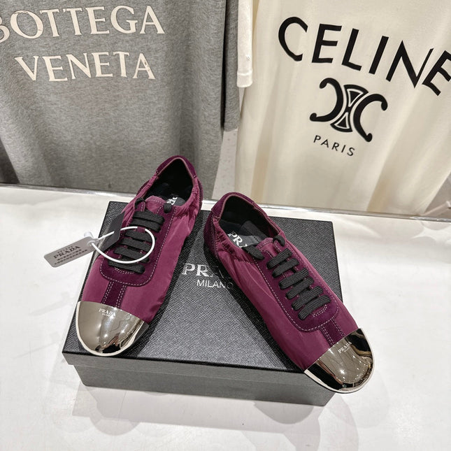 PRADA 25S COLLAPSE RE NYLON AND SUEDE SNEAKERS IN PLUM WITH METAL TOECAP