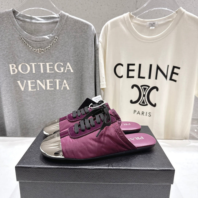 PRADA 25S MULES IN PLUM WITH METAL TOECAP
