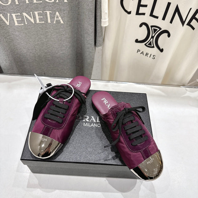 PRADA 25S MULES IN PLUM WITH METAL TOECAP