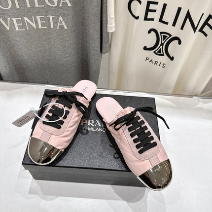 PRADA 25S MULES IN LIGHT PINK WITH METAL TOECAP