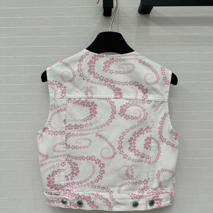 CC 25 Printed Denim Round Neck Vest Pink White Cotton