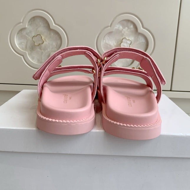 LV TWO-STRAP SANDALS 25S IN LIGHT PINK DENIM AND CALFSKIN  WITH GOLD HARDWARE