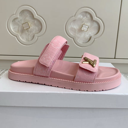 LV TWO-STRAP SANDALS 25S IN LIGHT PINK DENIM AND CALFSKIN  WITH GOLD HARDWARE
