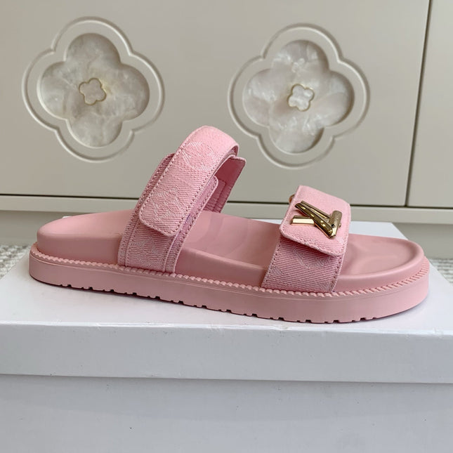 LV TWO-STRAP SANDALS 25S IN LIGHT PINK DENIM AND CALFSKIN  WITH GOLD HARDWARE