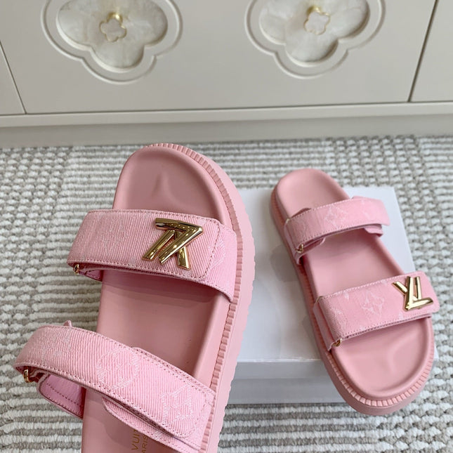 LV TWO-STRAP SANDALS 25S IN LIGHT PINK DENIM AND CALFSKIN  WITH GOLD HARDWARE
