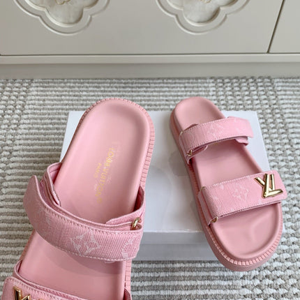 LV TWO-STRAP SANDALS 25S IN LIGHT PINK DENIM AND CALFSKIN  WITH GOLD HARDWARE